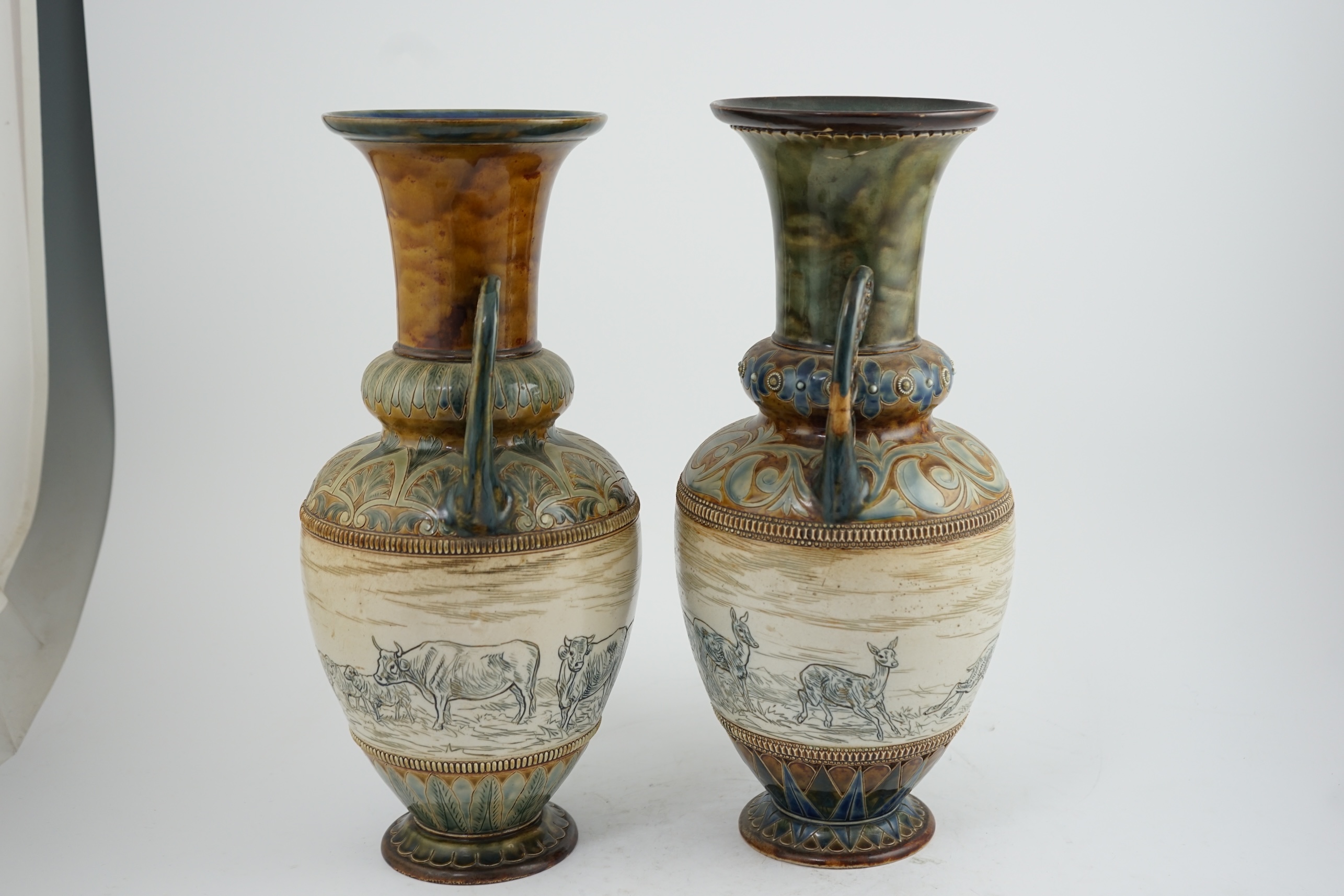 Hannah Barlow for Doulton Lambeth two similar stoneware vases, 1885